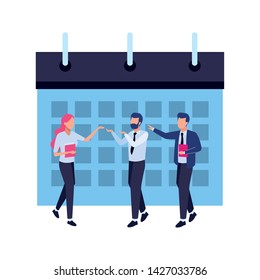 calendar schedule flipchart and a group of business people with documents folders icon cartoon
