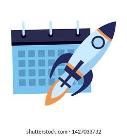calendar schedule flipchart and rocket with fire from back size icon cartoon