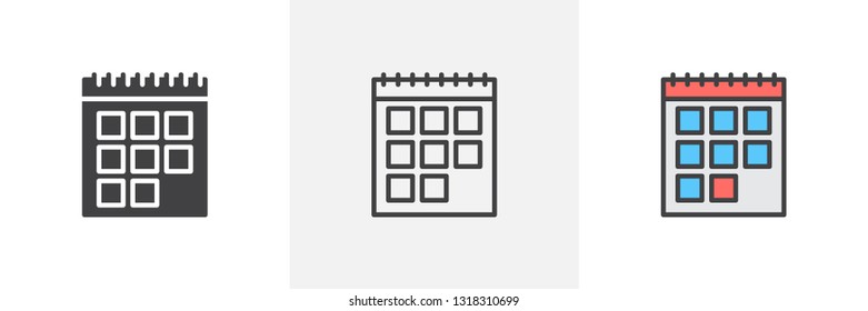 Calendar schedule icon. Line, glyph and filled outline colorful version, calendar page outline and filled vector sign. Event day symbol, logo illustration. Different style icons set. Pixel perfect 