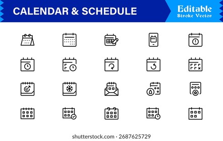 Symbolsatz für Kalender- und Zeitplanpositionen mit modernen Symbolen für minimale Zeitpläne und Zeitmanagementelementen für saubere und einzigartige Vektordesigns