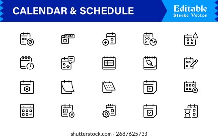 Conjunto de iconos de línea de calendario y programación con símbolos de programación mínimos modernos y Elementos de administración de tiempo para Diseños de Vector limpios y únicos