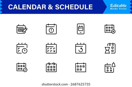 Calendar and Schedule Line Icon Set Featuring Modern Minimal Schedule Symbols and Time Management Elements for Clean and Unique Vector Designs