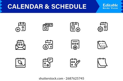 Conjunto de iconos de línea de calendario y programación con símbolos de programación mínimos modernos y Elementos de administración de tiempo para Diseños de Vector limpios y únicos