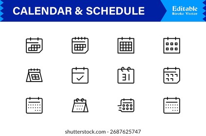 Calendário e Linha de Programação Conjunto de Ícones com Símbolos de Programação Mínima Moderna e Elementos de Gerenciamento de Tempo para Designs Vetoriais Limpos e Exclusivos