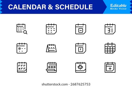 Calendário e Linha de Programação Conjunto de Ícones com Símbolos de Programação Mínima Moderna e Elementos de Gerenciamento de Tempo para Designs Vetoriais Limpos e Exclusivos
