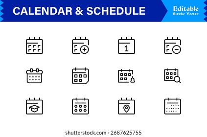 Conjunto de iconos de línea de calendario y programación con símbolos de programación mínimos modernos y Elementos de administración de tiempo para Diseños de Vector limpios y únicos
