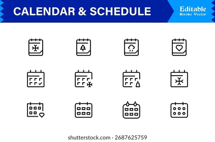 Conjunto de iconos de línea de calendario y programación con símbolos de programación mínimos modernos y Elementos de administración de tiempo para Diseños de Vector limpios y únicos