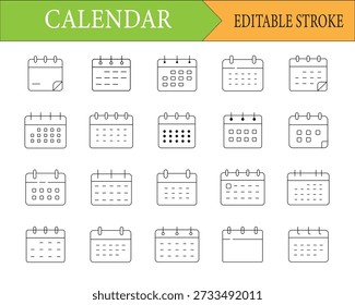 Conjunto de iconos de línea de calendario y programación: Elementos de Vector de fecha, planificador y agenda con trazo editable
