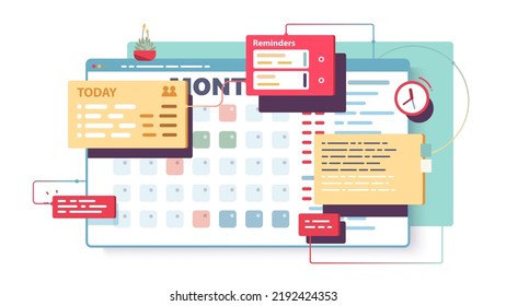 Calendar schedule planning application. Business appointment event reminders in workflow planner app. Organizer app window frame. Tasks, time management software concept flat vector illustration