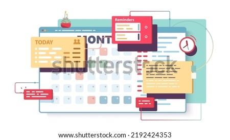 Calendar schedule planning application. Business appointment event reminders in workflow planner app. Organizer app window frame. Tasks, time management software concept flat vector illustration