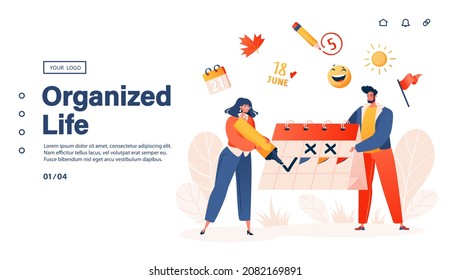 Calendar, schedule reminder landing page template. Male and female character scheduling life events, meetings, work projects with calendar on digital smartphone device. Cartoon vector illustration.