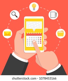 Calendar, schedule, reminder, planning app on smartphone screen. Hand holds phone, finger touches screen. Vector illustration.