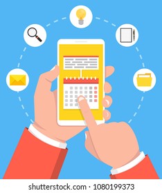 Calendar, schedule, reminder, planning app on smartphone screen. Hand holds phone, finger touches screen. Vector illustration.