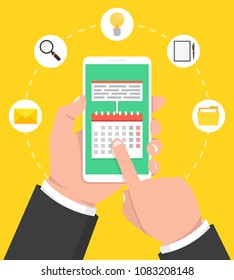 Calendar, schedule, reminder, planning app on smartphone screen. Hand holds phone, finger touches screen. Vector illustration.