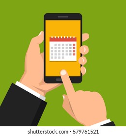 Calendar, schedule, reminder, planning app on smartphone screen. Hand holds phone, finger touches screen. Vector flat illustration.