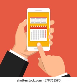 Calendar, schedule, reminder, planning app on smartphone screen. Hand holds phone, finger touches screen. Vector flat illustration.