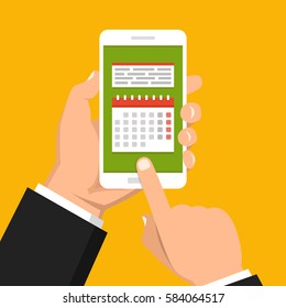 Calendar, schedule, reminder, planning app on smartphone screen. Hand holds phone, finger touches screen. Vector flat illustration.