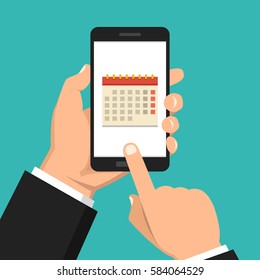 Calendar, schedule, reminder, planning app on smartphone screen. Hand holds phone, finger touches screen. Vector flat illustration.