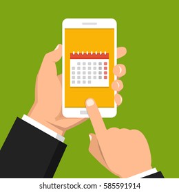 Calendar, schedule, reminder, planning app on smartphone screen. Hand holds phone, finger touches screen. Vector flat illustration.