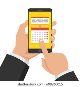 Calendar, schedule, reminder, planning app on smartphone screen. Hand holds phone, finger touches screen. Flat cartoon style. Vector illustration.