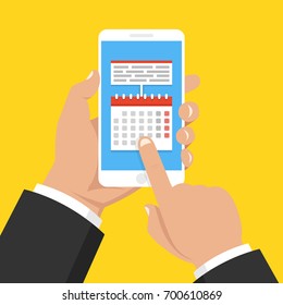 Calendar, Schedule, Reminder, Planning App On Smartphone Screen. Hand Holds Phone, Finger Touches Screen. Flat Cartoon Style. Vector Illustration.