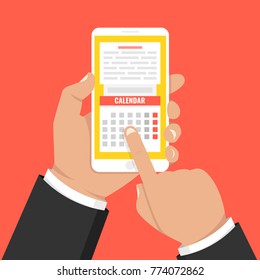 Calendar, schedule, reminder, planning app on smartphone screen. Hand holds phone, finger touches screen. Vector illustration.