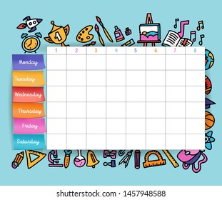 Calendar schedule with stickers. School planning or scheduling work. Vector volume illustration. Vector Template School timetable for students and pupils. hand drawn elements of school supplies