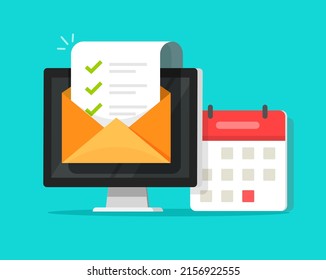 Calendar schedule task list completion vector online flat or todo checklist agenda as time management concept with computer pc and email mail with digital check marks completed document form