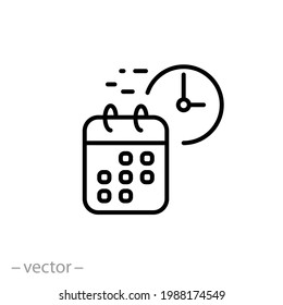 calendar schedule with time, icon, plan agenda or appointment, save date event and  work clock, thin line symbol on white background - editable stroke vector illustration eps10