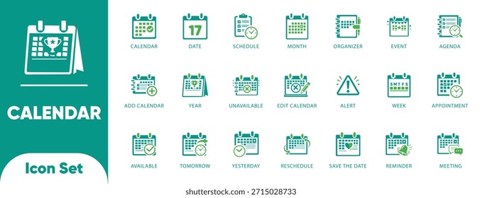 Calendario y Vectores de programación. Incluye símbolos de fecha, agenda, cita y recordatorio. Ideal para App de productividad, UI de reservas y planificación de eventos.