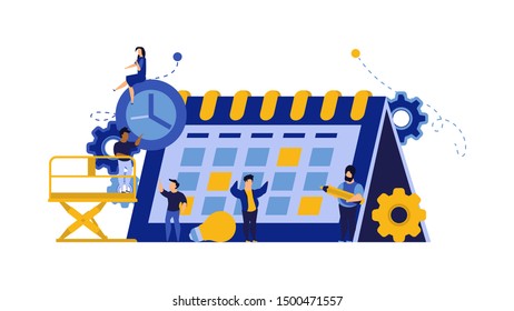 Calendar schedule week vector concept illustration. Student appointment employee agenda man and woman. Business plan with clock,pencil. Date time meeting day. Coworker banner office teamwork assign