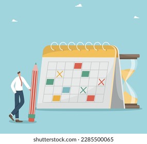 Calendar schedule, work planning and organization, time management, business schedule of meetings and events, efficiency in completing tasks and business goals, a man with a pencil near the calendar.