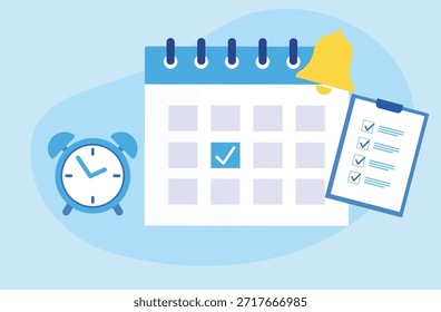 calendário com datas agendadas e compromissos, relógio, lista de tarefas, lembretes ilustração vetorial