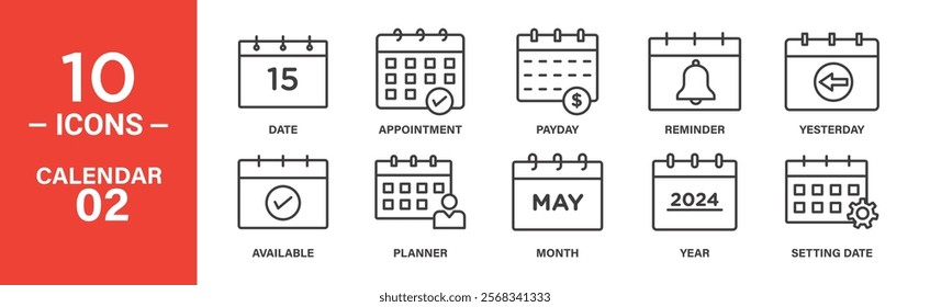 Calendar and Scheduling Icon Set: 10 Editable Vector Icons Representing Appointments, Reminders, and Date Settings.