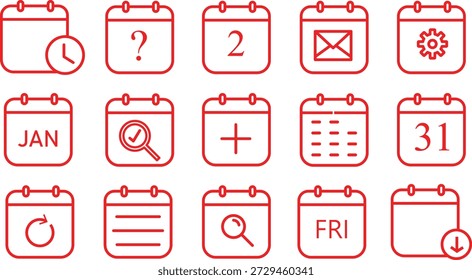 Conjunto de iconos de calendario y línea de programación. Símbolos de colección de iconos de trazo editables. Iconos de gestión y planificación del tiempo. Carteles minimalistas de fecha y recordatorio. Elementos de diseño de interfaz de Vector.

