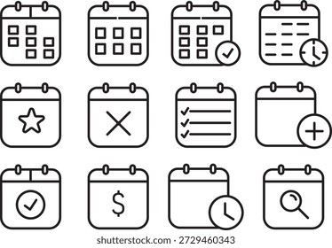 Calendar and scheduling line icon set. Outline Editable Stroke Icons collection symbols. Time management and planning icons. Minimalist date and reminder signs. Vector interface design elements.
