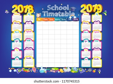 Calendar and School timetable for students or pupils on 2018-2019 year