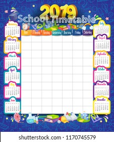 Calendar and School timetable for students or pupils on 2019 year