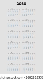 impressão de modelo de script de calendário 2030