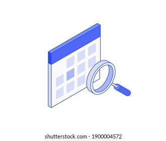 Calendar search, find date, week, month isometric illustrate 3d vector icon. Modern creative design illustration in flat line style.