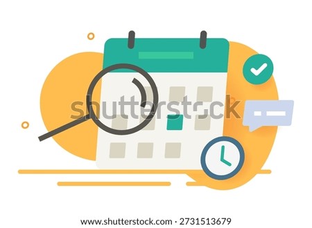 Calendar search icon vector, schedule planning graphic, modern time management concept illustration, appointment agenda event, deadline project task reminder time date notice magnifier glass  