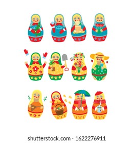 Calendar season of the year from nesting dolls. Each nesting doll is drawn in the form of a specific month. 12 pieces spring Summer Autumn Winter