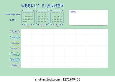 Calendar for second quarter of 2019 year with weekly planner chart and blank label for notes. Week start Sunday.
