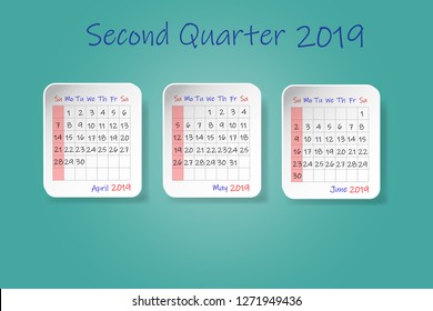 Calendar for second quarter of 2019 year. Week start Sunday. All on the green background. 