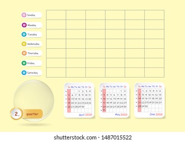 Calendar for second quarter of 2020 year with weekly planner chart and blank label for notes and main tasks. Week start Sunday.