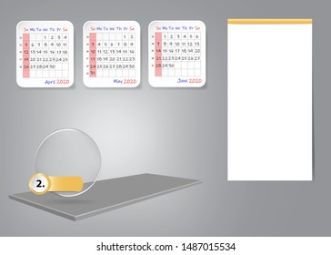 Calendar for second quarter of 2020 year on 3d table with blank label for notes and main tasks. All on the gray light background.