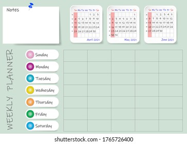 Calendar of second quarter of 2021 year with weekly planner table and blank label for notes. Week starts Sunday.