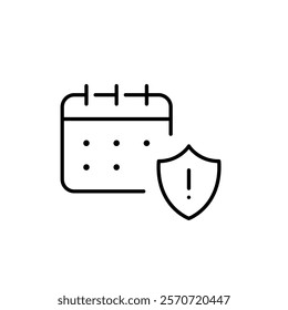 Calendar and security shield with exclamation mark. Compliance deadline alert, insurance policy time. Pixel perfect vector icon
