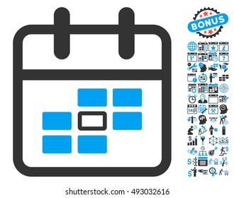 Calendar Selected Date icon with bonus calendar and time management pictogram. Vector illustration style is flat iconic bicolor symbols, blue and gray colors, white background.