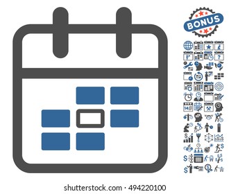 Calendar Selected Date icon with bonus calendar and time management pictograph collection. Vector illustration style is flat iconic bicolor symbols, cobalt and gray colors, white background.